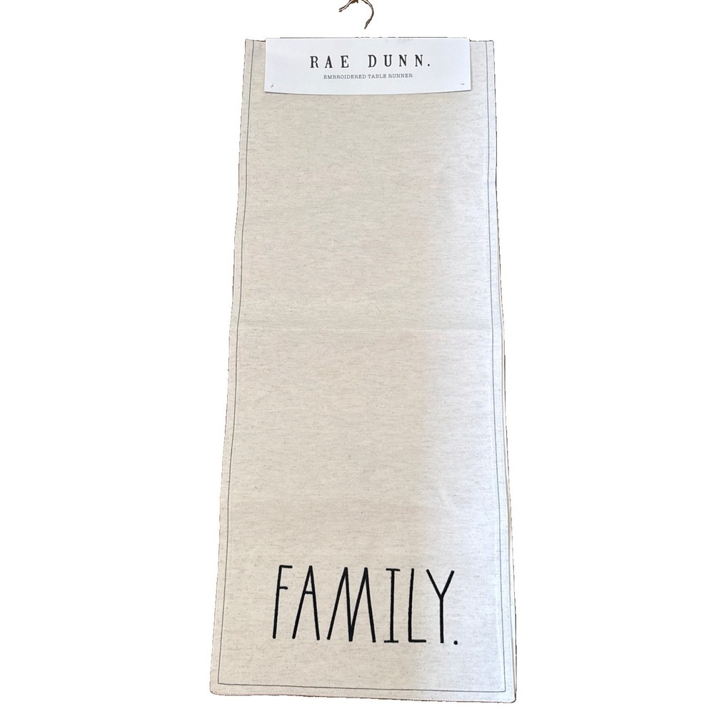 Rae Dunn FAMILY. Embroidered Table Runner 14" x 72" Linen Décor Cream Black NEW